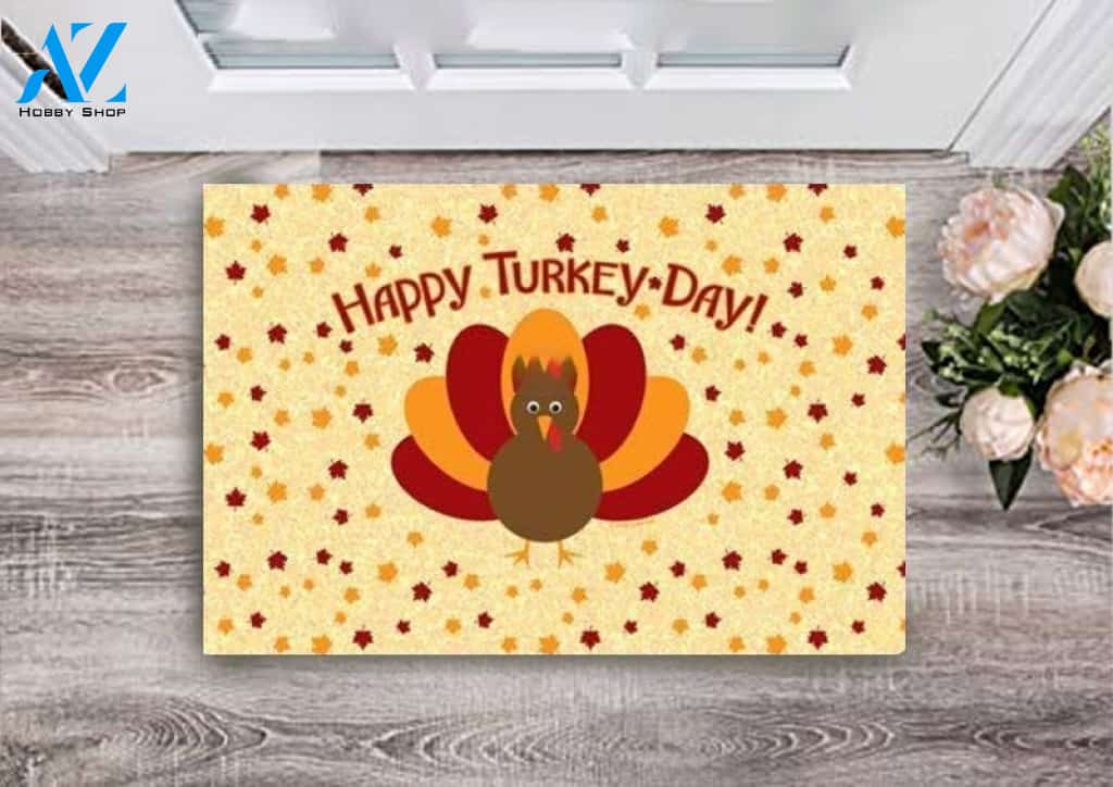 Happy Turkey Day Tiny Maple Leaves Pattern Harvest Festival Doormat Welcome Mat Housewarming Home Decor Funny Doormat Gift Idea