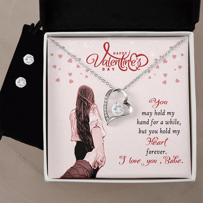 Happy Valentine's Day Babe Forever Love Heart Necklace And Earring Set
