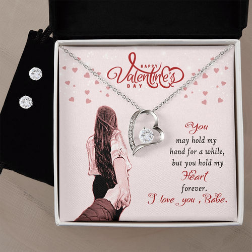 Happy Valentine's Day Babe Forever Love Heart Necklace And Earring Set