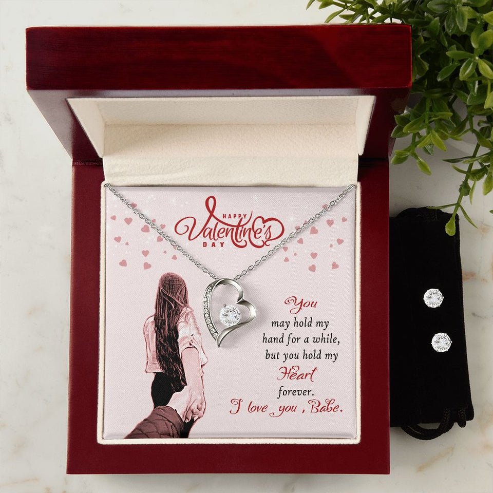 Happy Valentine's Day Babe Forever Love Heart Necklace And Earring Set