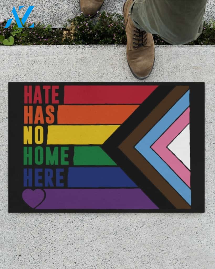Hate Has No Home Here Progress Pride Flag Indoor And Outdoor Doormat Warm House Gift Welcome Mat Gift For Friend Family