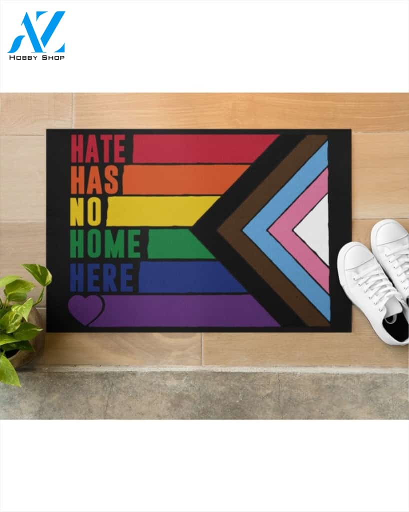 Hate Has No Home Here Progress Pride Flag Indoor And Outdoor Doormat Warm House Gift Welcome Mat Gift For Friend Family