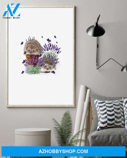 Hedgehog with lavender flower poster