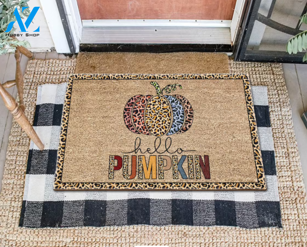 Hello Pumpkin Doormat, Leopard Print Pumpkin Doormat, Thanksgiving Doormat, Fall Decor, Thanksgiving Doormat Gift For Friend Family