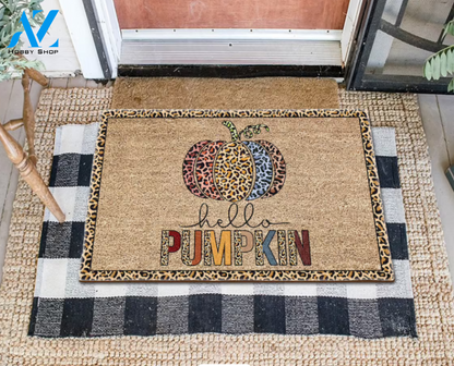 Hello Pumpkin Doormat, Leopard Print Pumpkin Doormat, Thanksgiving Doormat, Fall Decor, Thanksgiving Doormat Gift For Friend Family