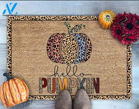 Hello Pumpkin Doormat, Leopard Print Pumpkin Doormat, Thanksgiving Doormat, Fall Decor, Thanksgiving Doormat Gift For Friend Family