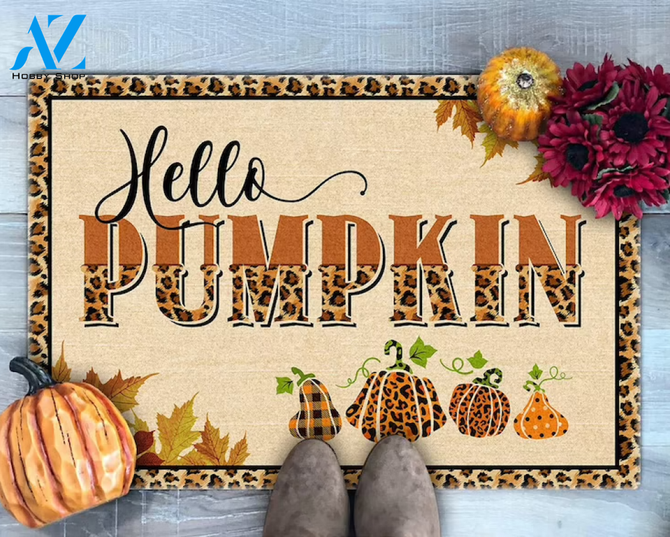 Hello Pumpkin Doormat, Pumpkin Welcome Mat, Leopard Pumpkin Print, Fall Doormat, Fall Decor, Cute Doormat, Thanksgiving Doormat, Gift For Friend Family