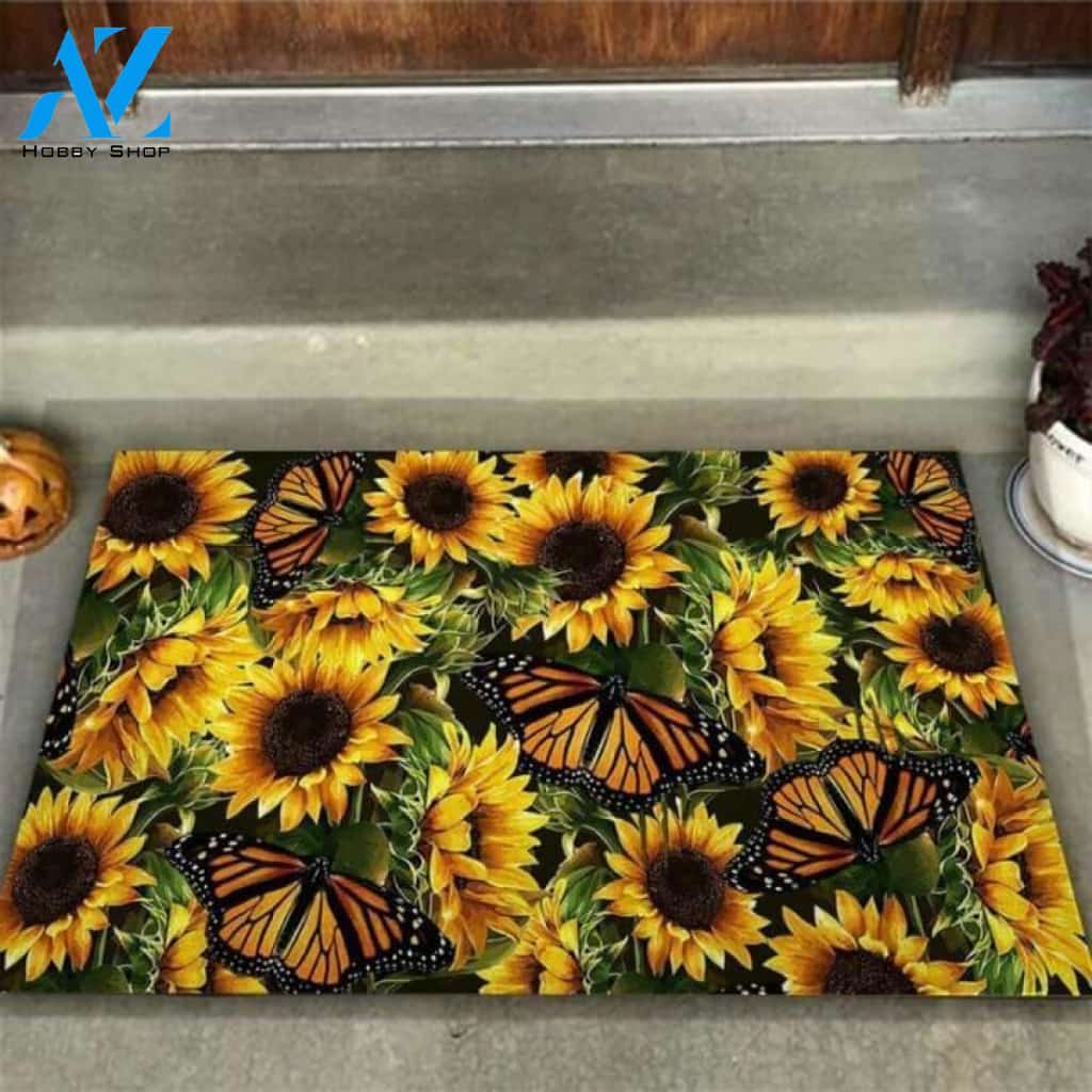 Hello Sunshine Butterflies & Sunflower Doormat | Welcome Mat | House Warming Gift