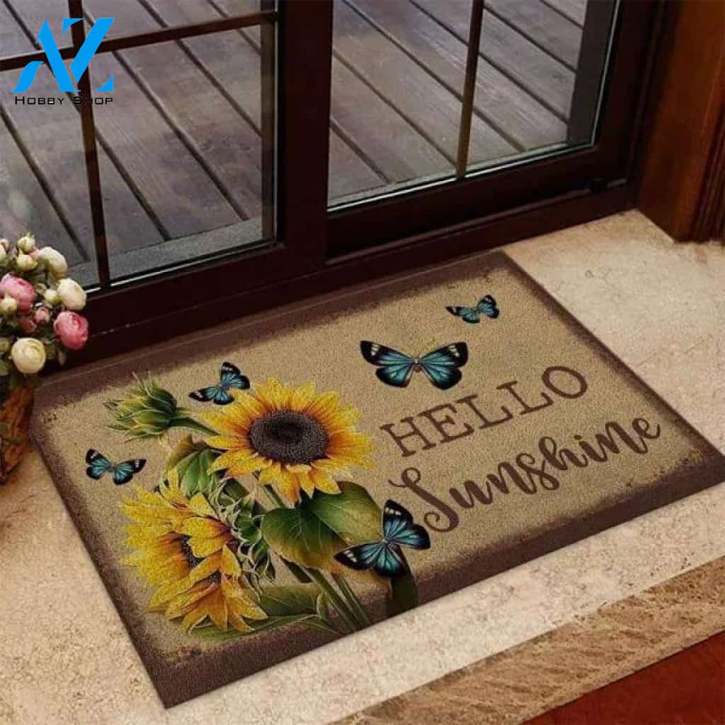 Hello Sunshine Sunflower and Butterfly Flower Doormat Indoor And Outdoor Mat Entrance Rug Sweet Home Decor Closing Gift Gift For Friend Family Floral Lovers Gift Idea