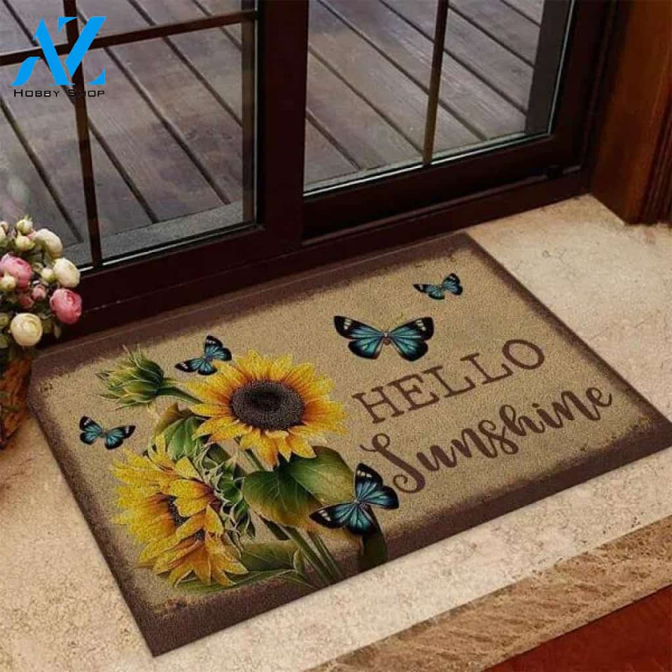 Personalized Name Family House Hello Sunshine Sunflower And Butterfly Flower Doormat Indoor And Outdoor Mat Entrance Rug Sweet Home Decor Closing Gift Gift For Friend Family Floral Lovers Gift Idea