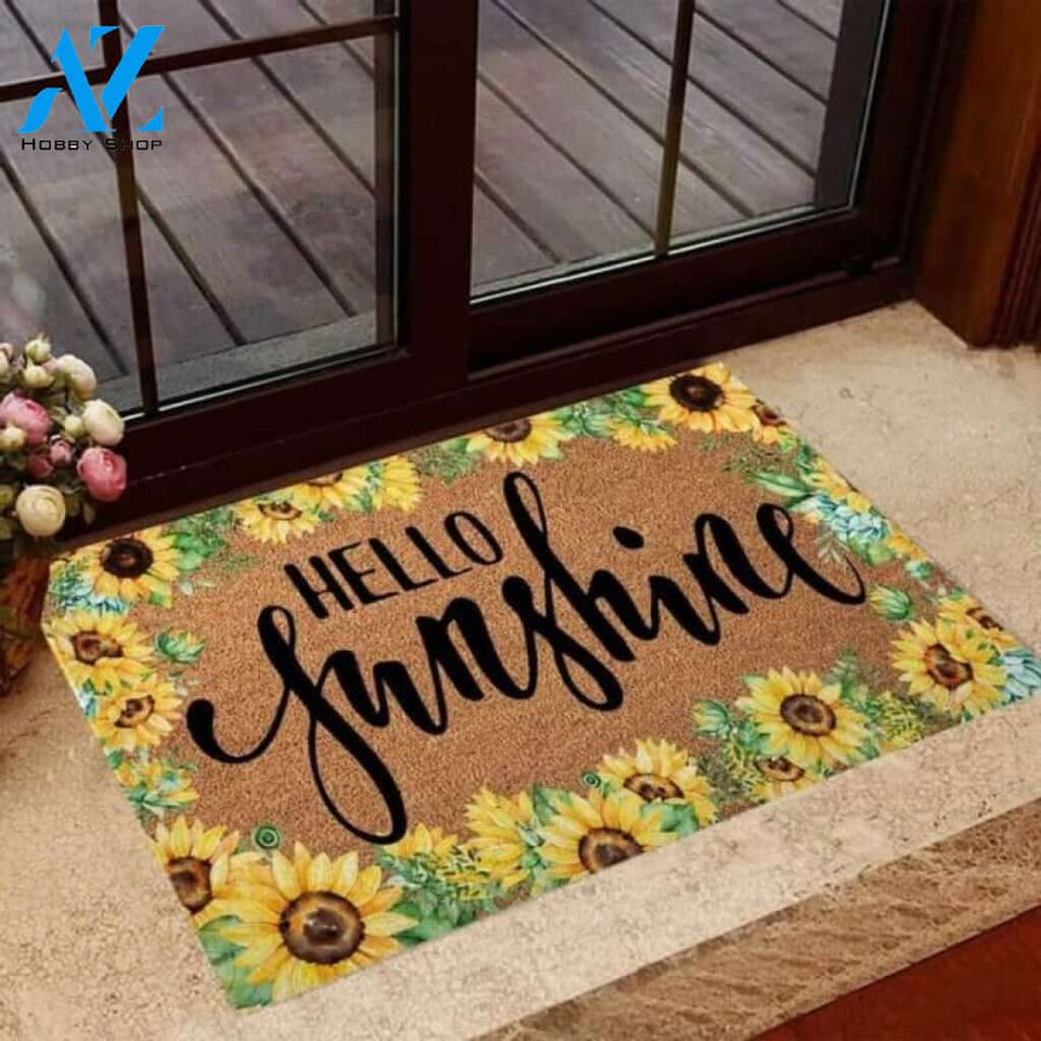 Hello Sunshine Sunflower Coir Pattern Print Doormat | Welcome Mat | House Warming Gift