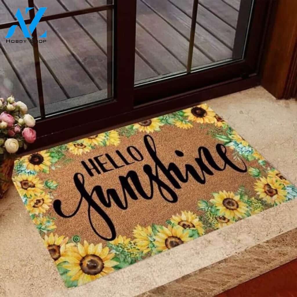 Hello Sunshine Sunflower Coir Pattern Print Doormat | Welcome Mat | House Warming Gift