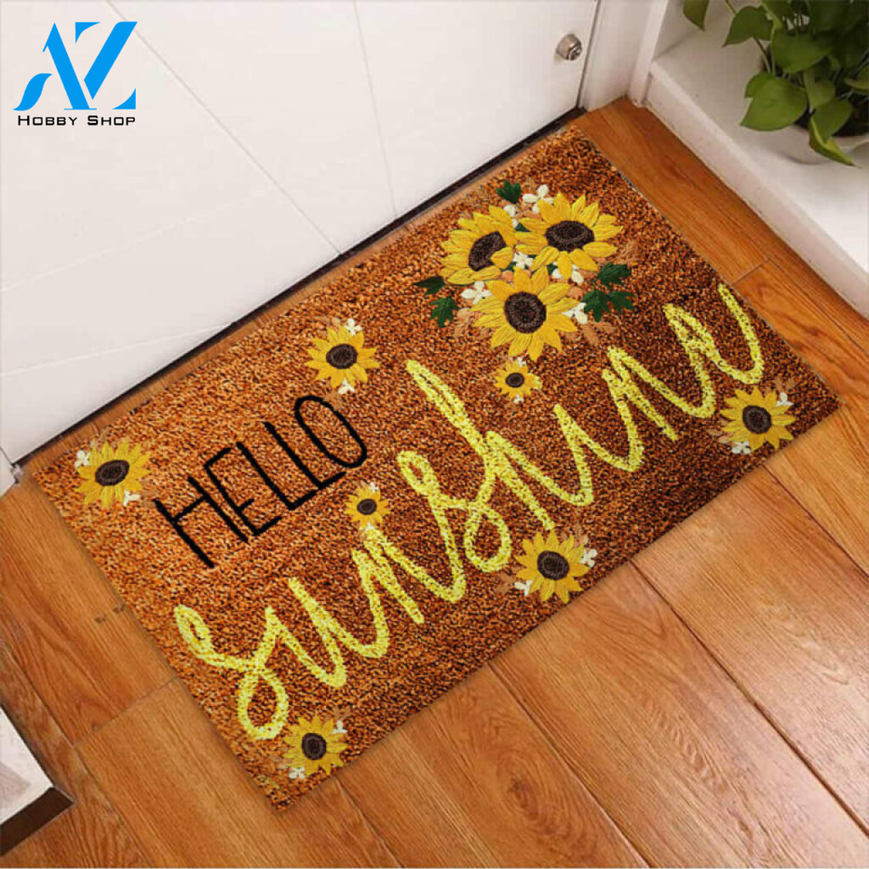 Hello Sunshine Sunflower Coir Pattern Print Doormat | Welcome Mat | House Warming Gift