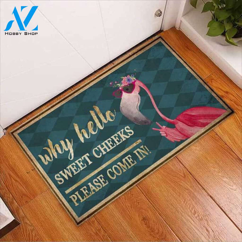 Hello Sweet Cheeks – Flamingo Easy Clean Welcome DoorMat | Felt And Rubber | 40x60 cm | 45x75 cm | 60x90 cm | Colorful | DO1074