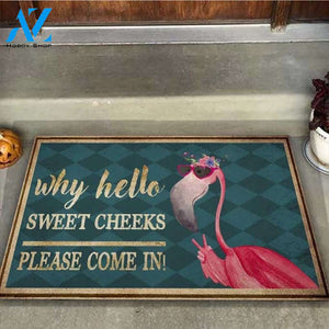 Hello Sweet Cheeks Flamingo Peace Sign Funny Doormat