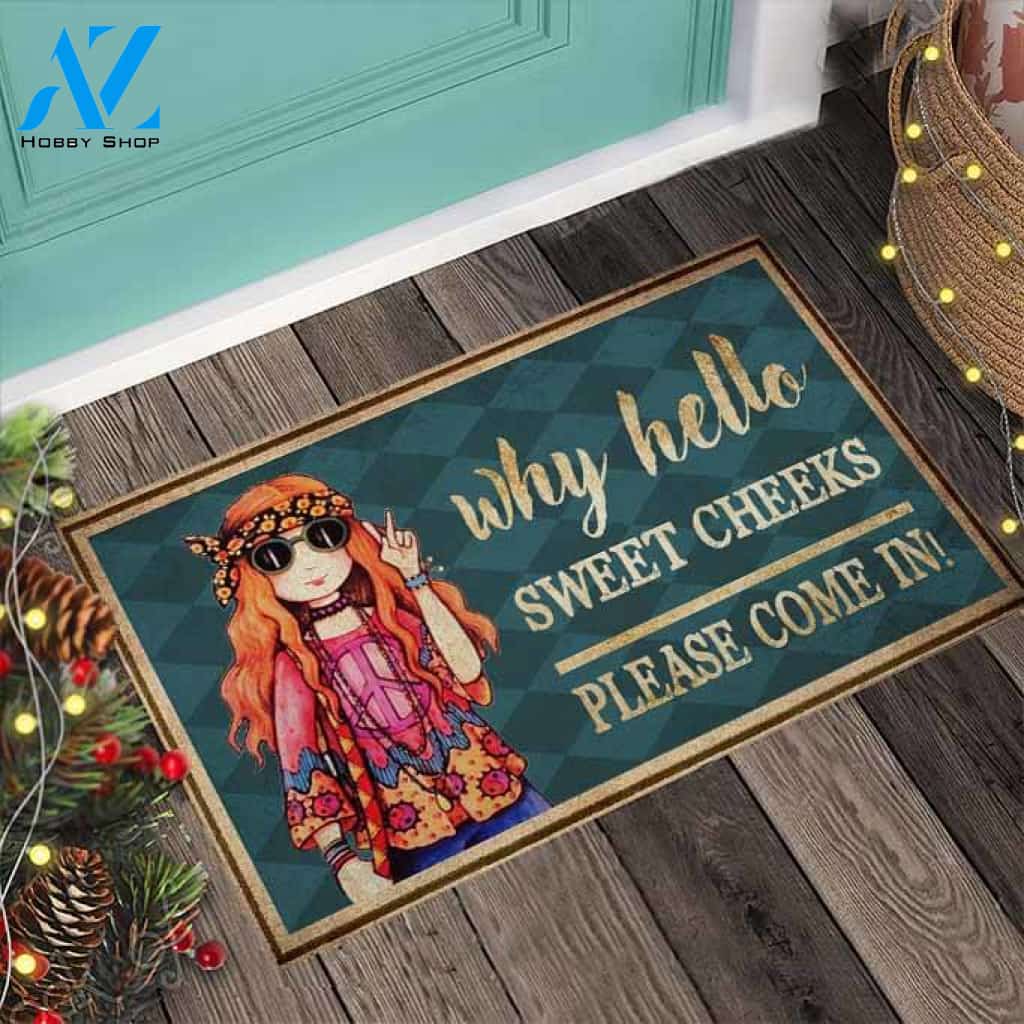 Hello Sweet Cheeks – Hippie Easy Clean Welcome DoorMat | Felt And Rubber | 40x60 cm | 45x75 cm | 60x90 cm | Colorful | DO1081
