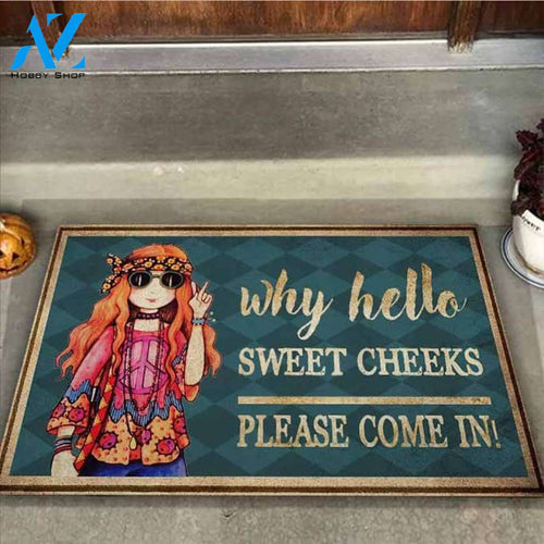 Hello Sweet Cheeks – Hippie Easy Clean Welcome DoorMat | Felt And Rubber | 40x60 cm | 45x75 cm | 60x90 cm | Colorful | DO1081