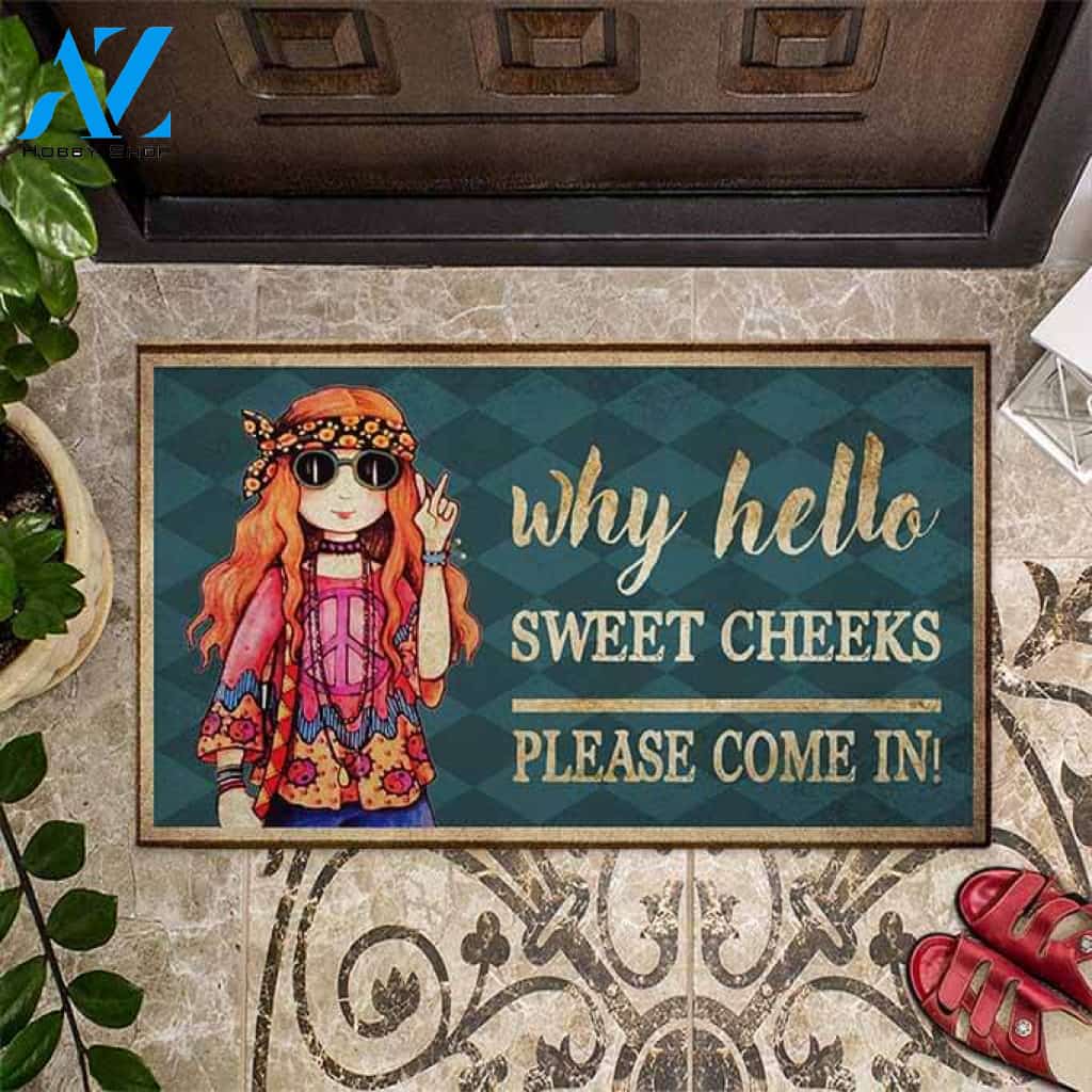 Hello Sweet Cheeks – Hippie Easy Clean Welcome DoorMat | Felt And Rubber | 40x60 cm | 45x75 cm | 60x90 cm | Colorful | DO1081