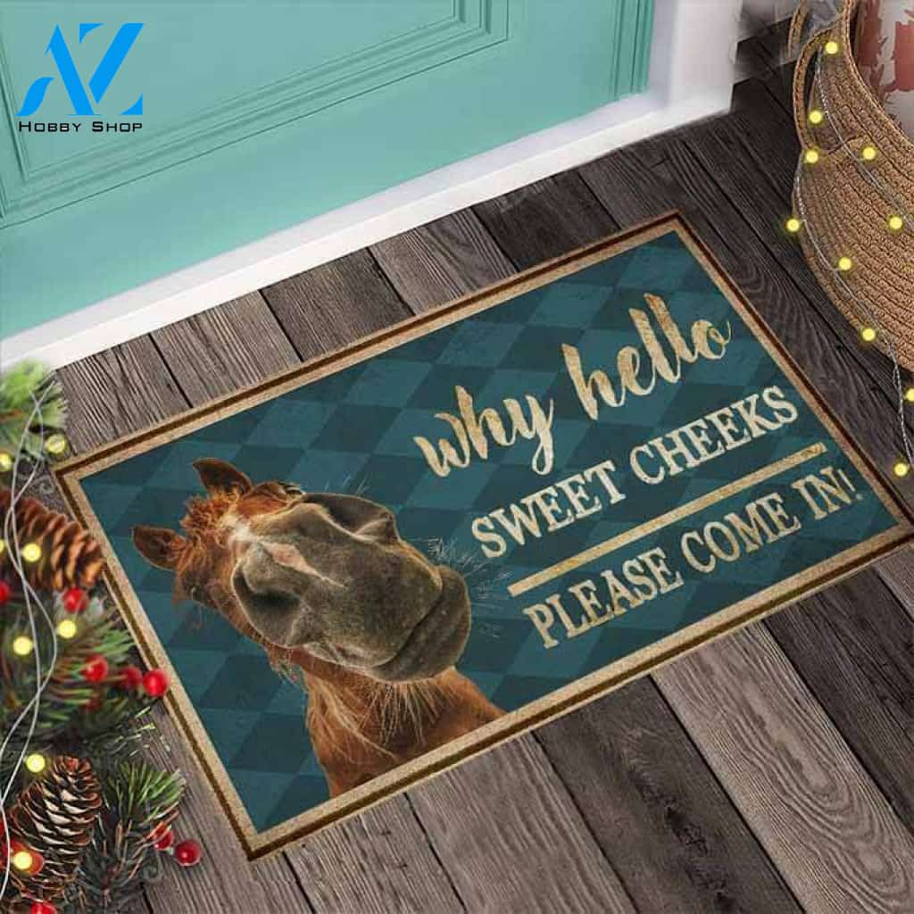 Hello Sweet Cheeks – Horse Easy Clean Welcome DoorMat | Felt And Rubber | 40x60 cm | 45x75 cm | 60x90 cm | Colorful | DO1082