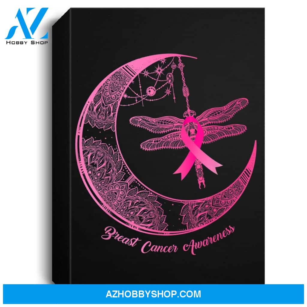Henna Moon Dragonfly Pink Ribbon Breast Cancer Awareness Portrait Canvas