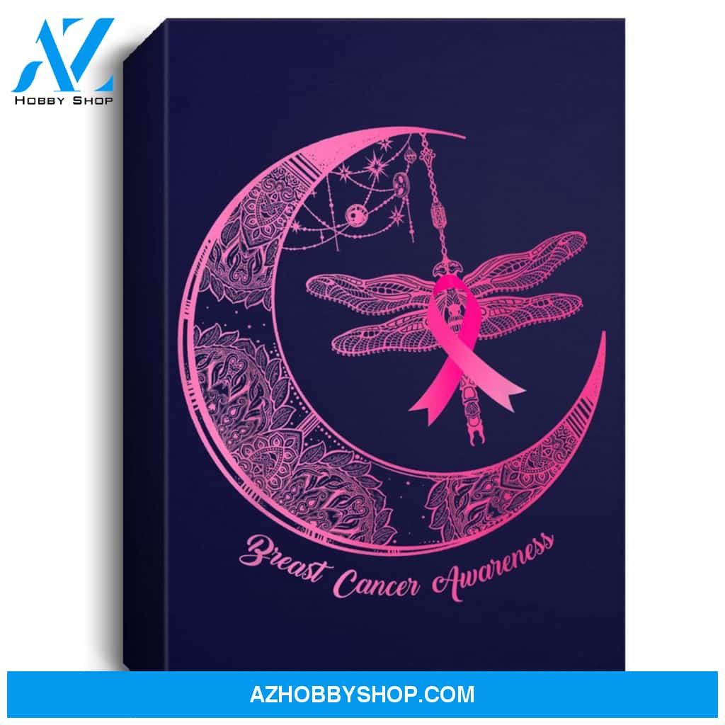 Henna Moon Dragonfly Pink Ribbon Breast Cancer Awareness Portrait Canvas
