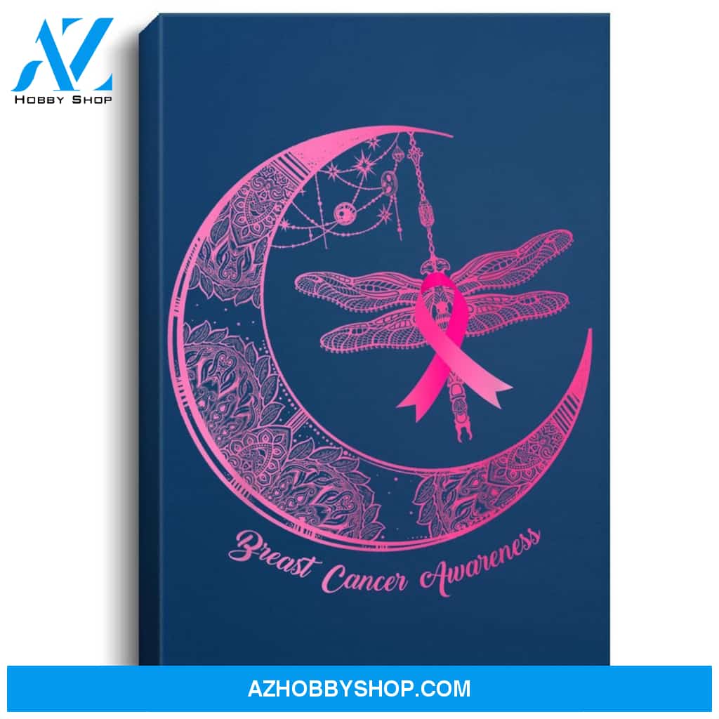 Henna Moon Dragonfly Pink Ribbon Breast Cancer Awareness Portrait Canvas