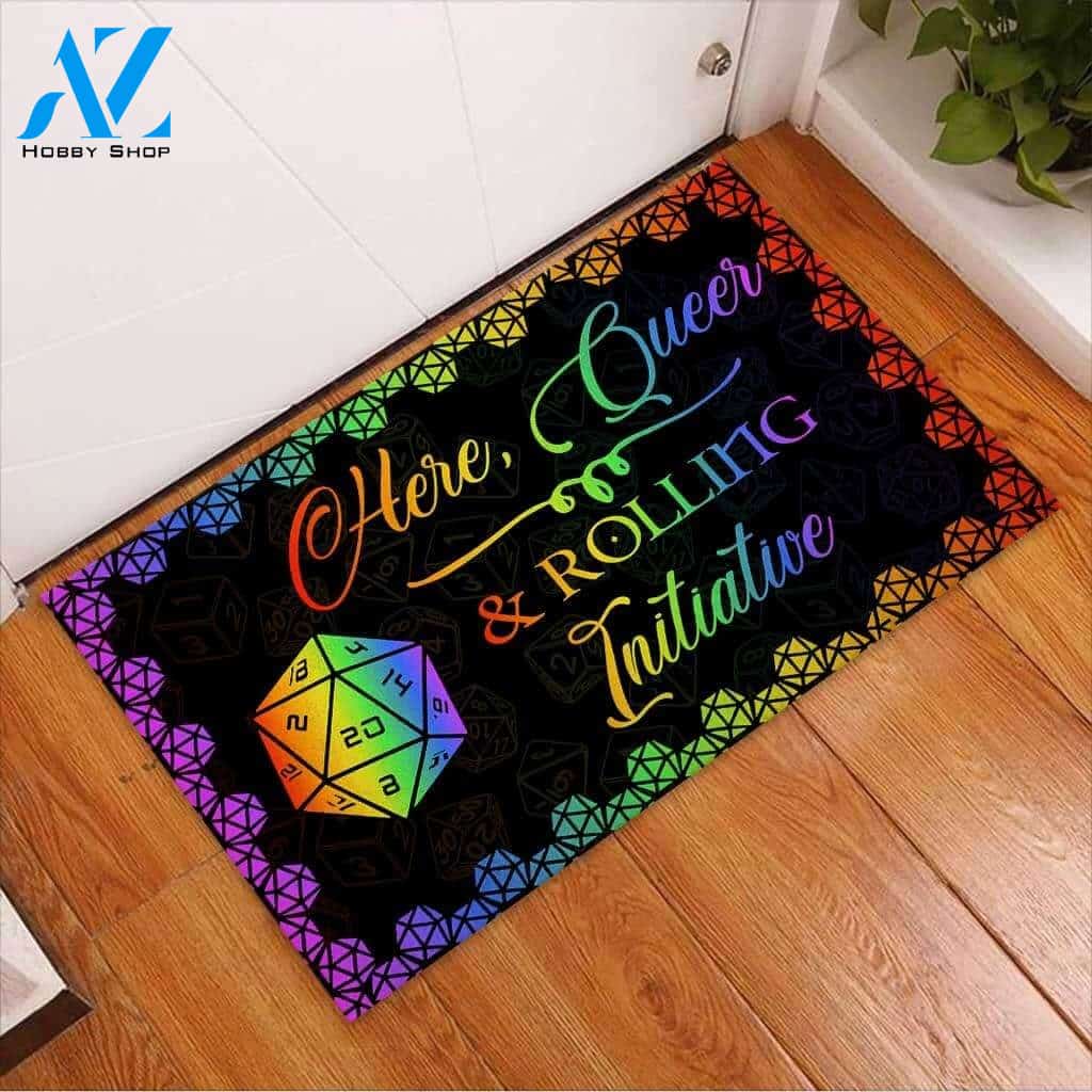 Here Queer & Rolling Initiative Tabletop RPG Doormat Welcome Mat House Warming Gift Home Decor Funny Doormat Gift Idea