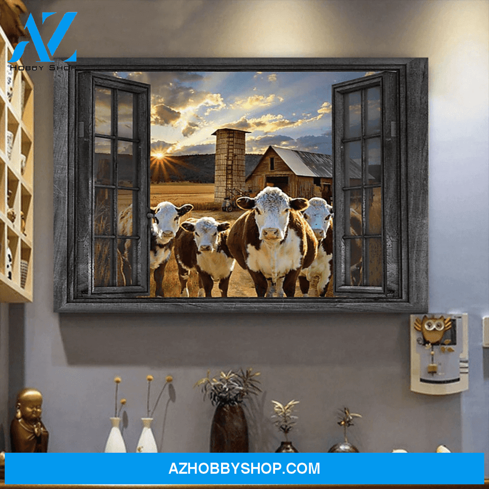 Hereford Cattle Cow Outside The Window Premium Canvas Wall Art, Wall Decor Visual Art