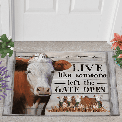 Hereford Cattle Left The Gate Open Doormat Welcome Mat