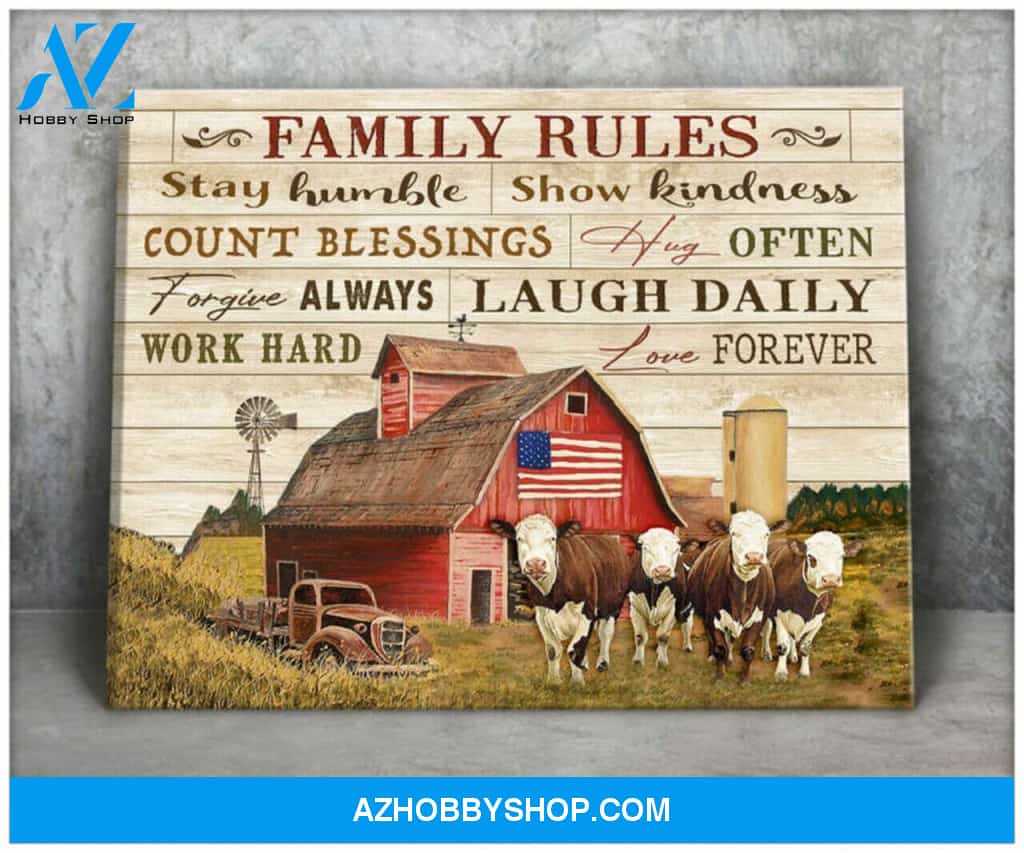 Hereford Cow Family Rules Canvas Wall Art, Wall Decor Visual Art Decor, Gifts For Cow Lovers