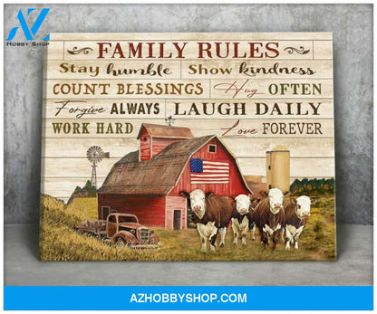 Hereford Cow Family Rules Canvas Wall Art, Wall Decor Visual Art Decor, Gifts For Cow Lovers