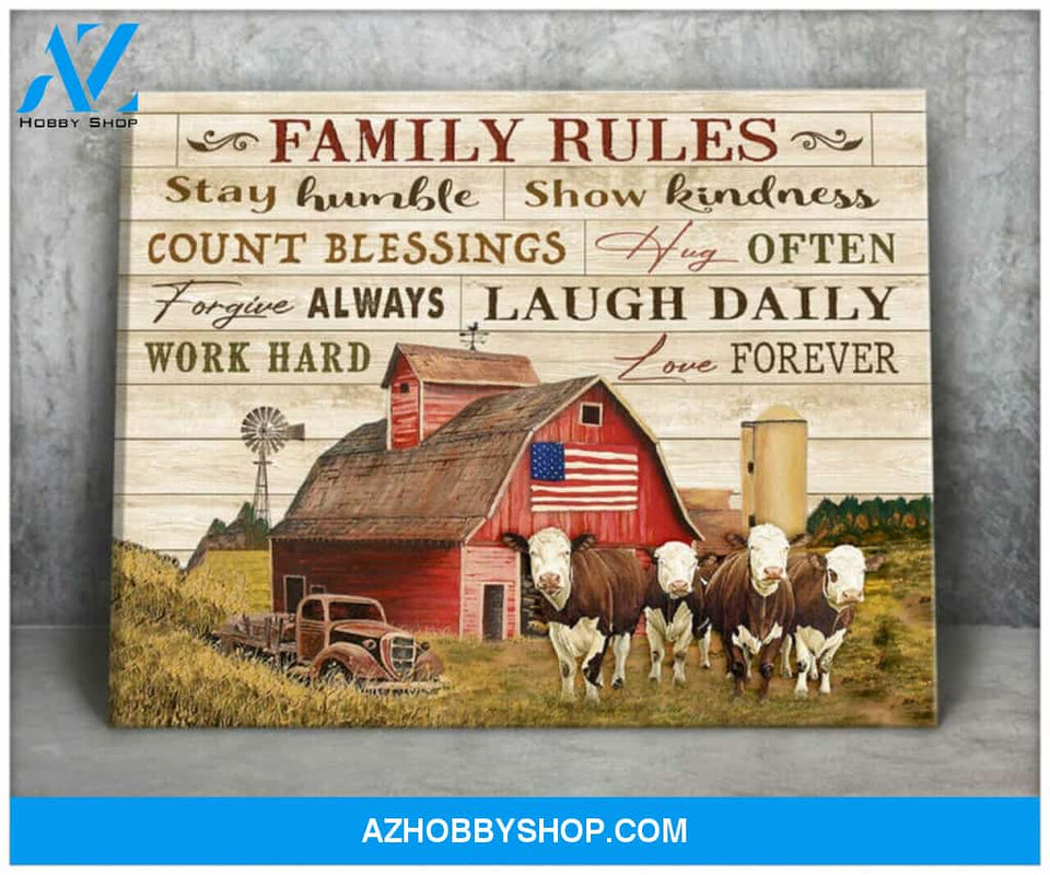Hereford Cow Family Rules Canvas Wall Art, Wall Decor Visual Art Decor, Gifts For Cow Lovers