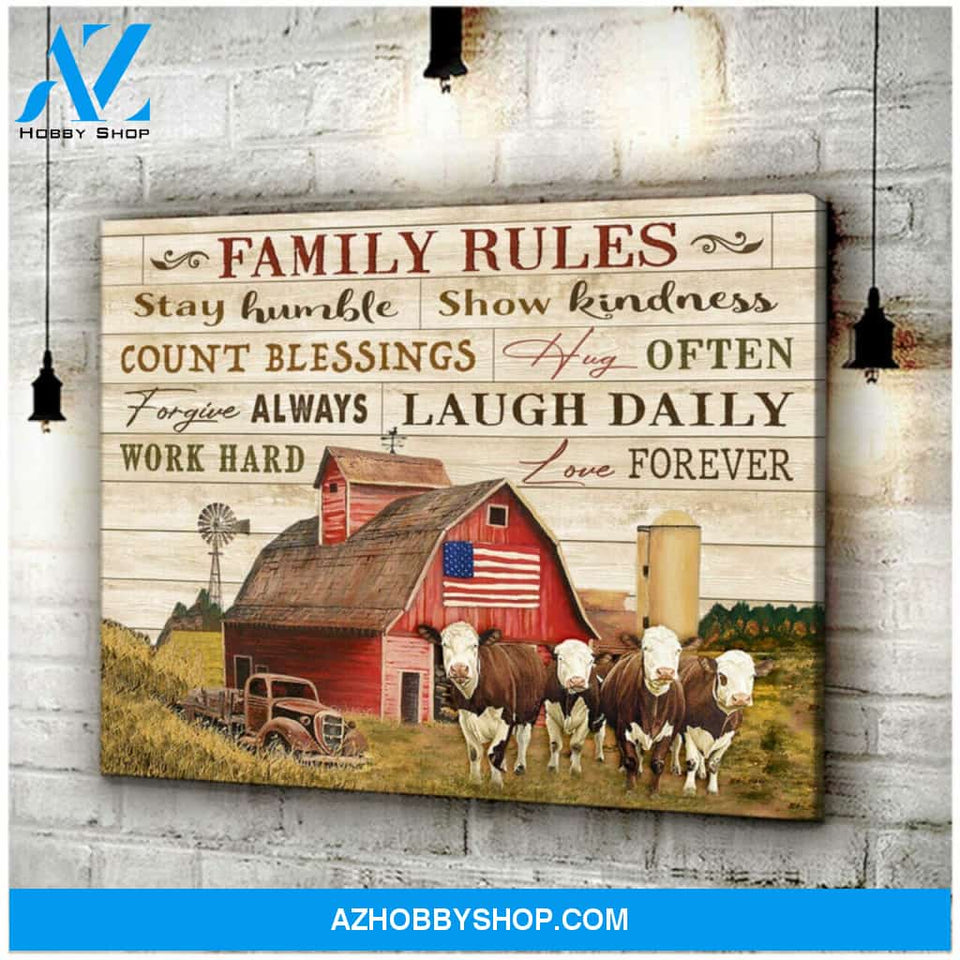 Hereford Cow Family Rules Canvas Wall Art, Wall Decor Visual Art Decor, Gifts For Cow Lovers