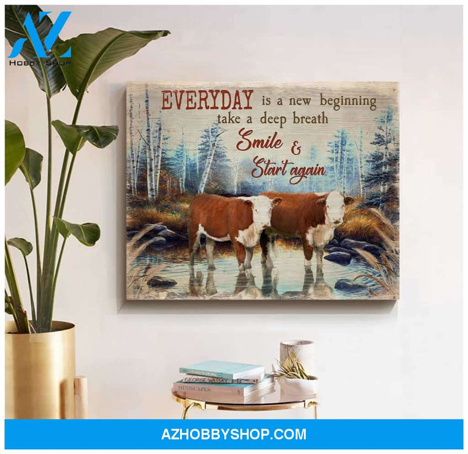 Hereford Cows Everyday Is A New Beginning Canvas Wall Art Farmhouse Decor
