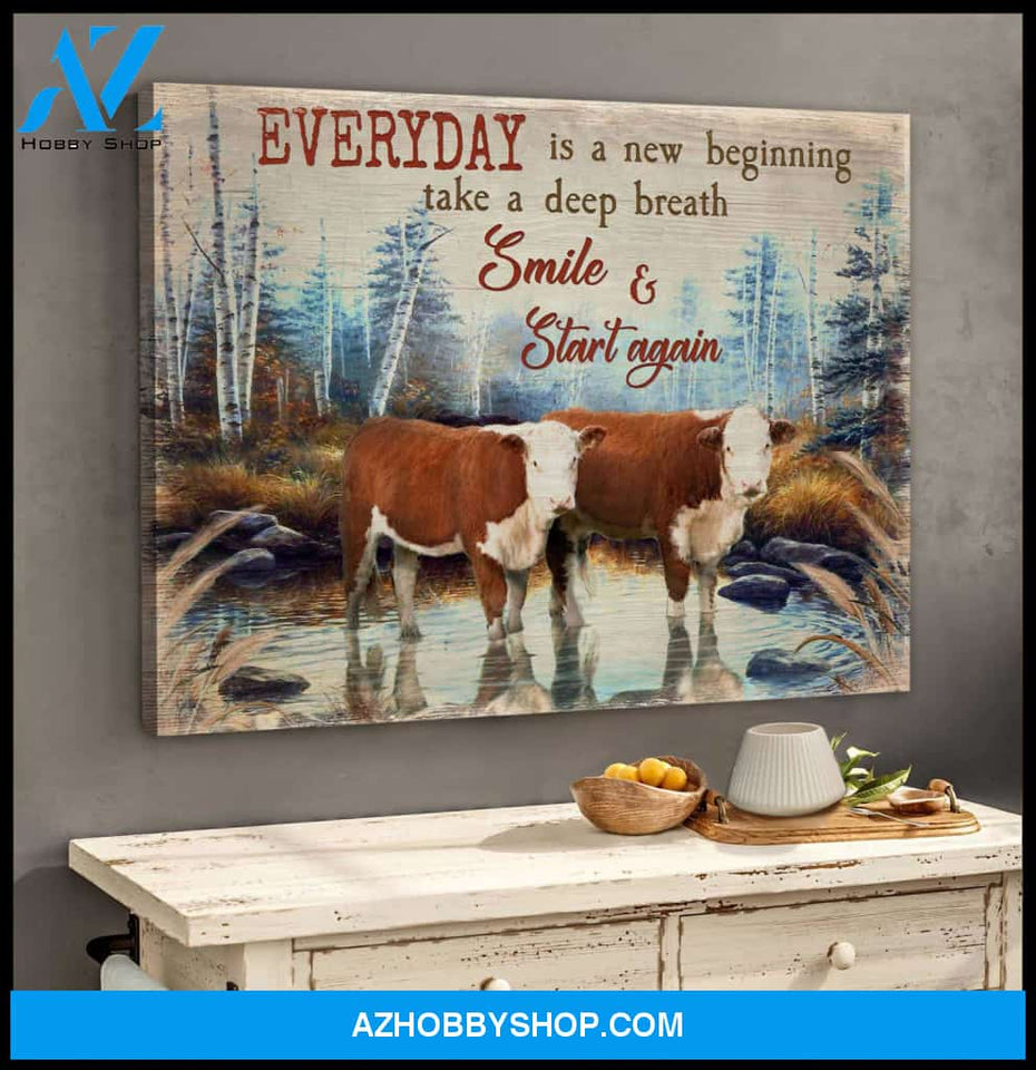 Hereford Cows Everyday Is A New Beginning Canvas Wall Art Farmhouse Decor