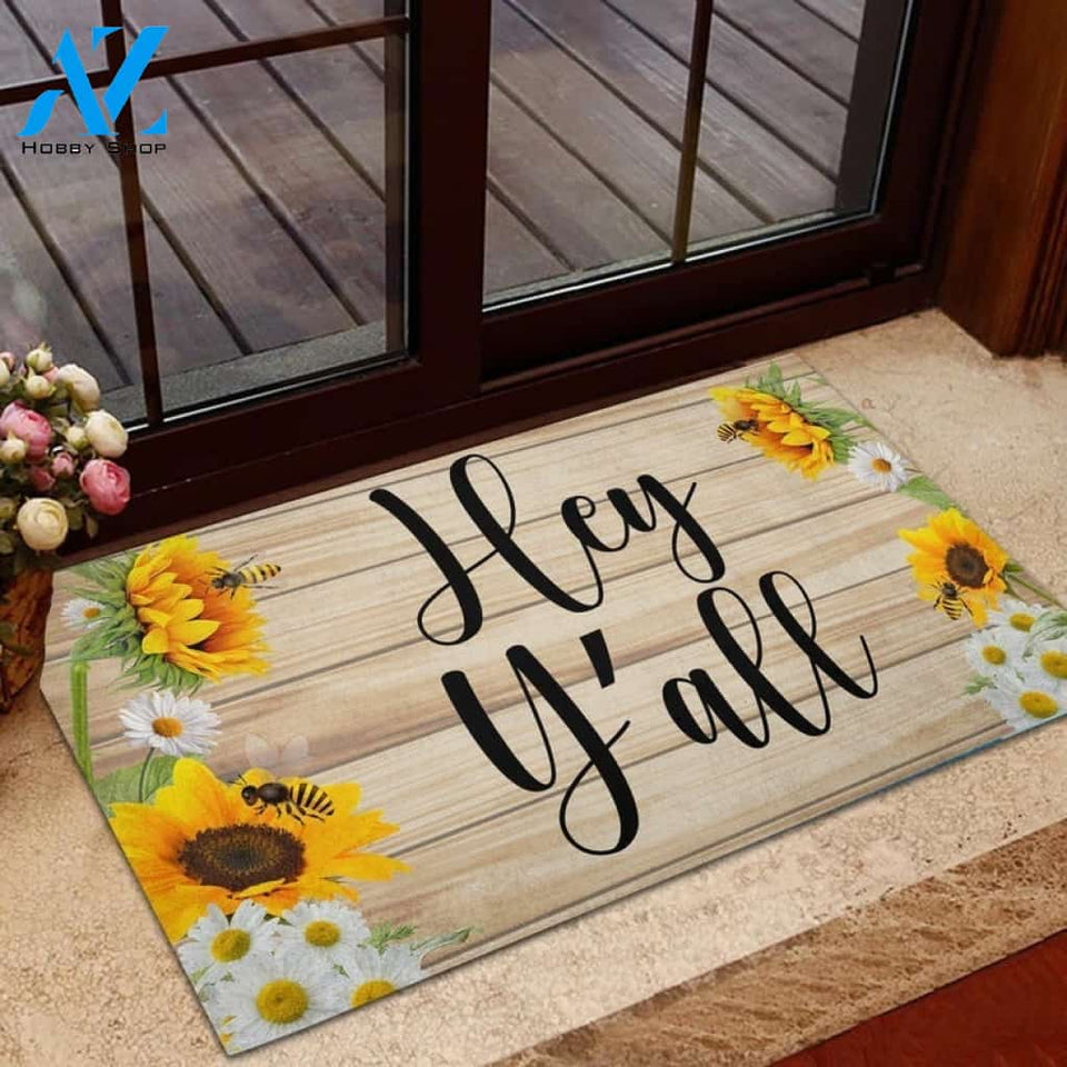 Hey Ya'll Sunflower Bee Summer Funny Indoor And Outdoor Doormat Warm House Gift Welcome Mat Birthday Gift For Friend Family