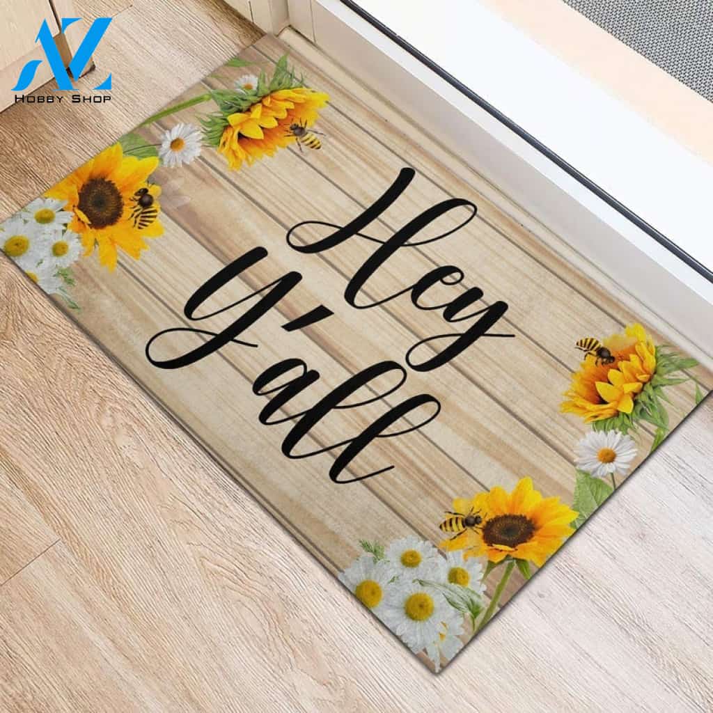 Hey Ya'll Sunflower Bee Summer Funny Indoor And Outdoor Doormat Warm House Gift Welcome Mat Birthday Gift For Friend Family