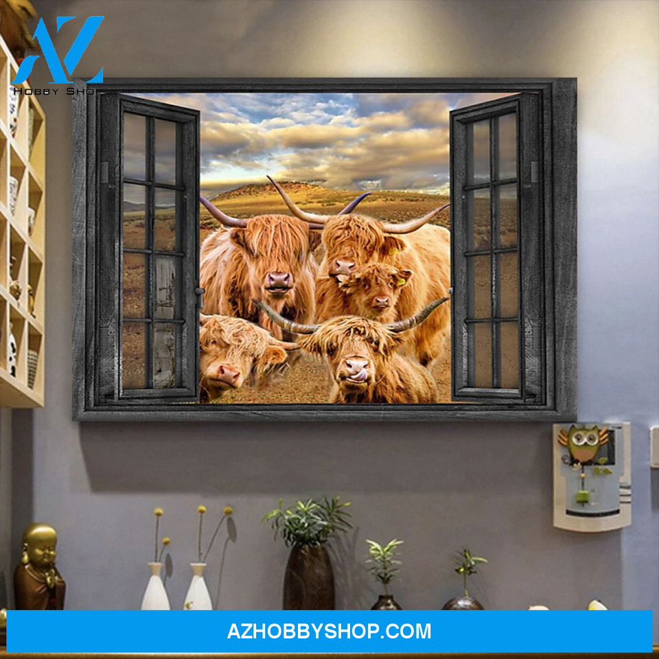 Highland Cattle Cow Outside The Window Premium Canvas Wall Art, Wall Decor Visual Art