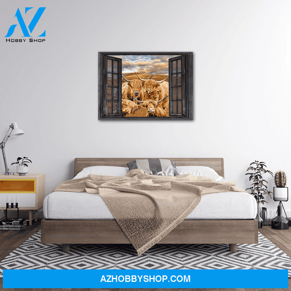 Highland Cattle Cow Outside The Window Premium Canvas Wall Art, Wall Decor Visual Art