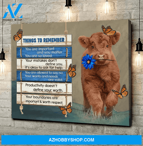 Highland Cow Monarch Butterfly Blue Flower Canvas Wall Art, Wall Decor Visual Art