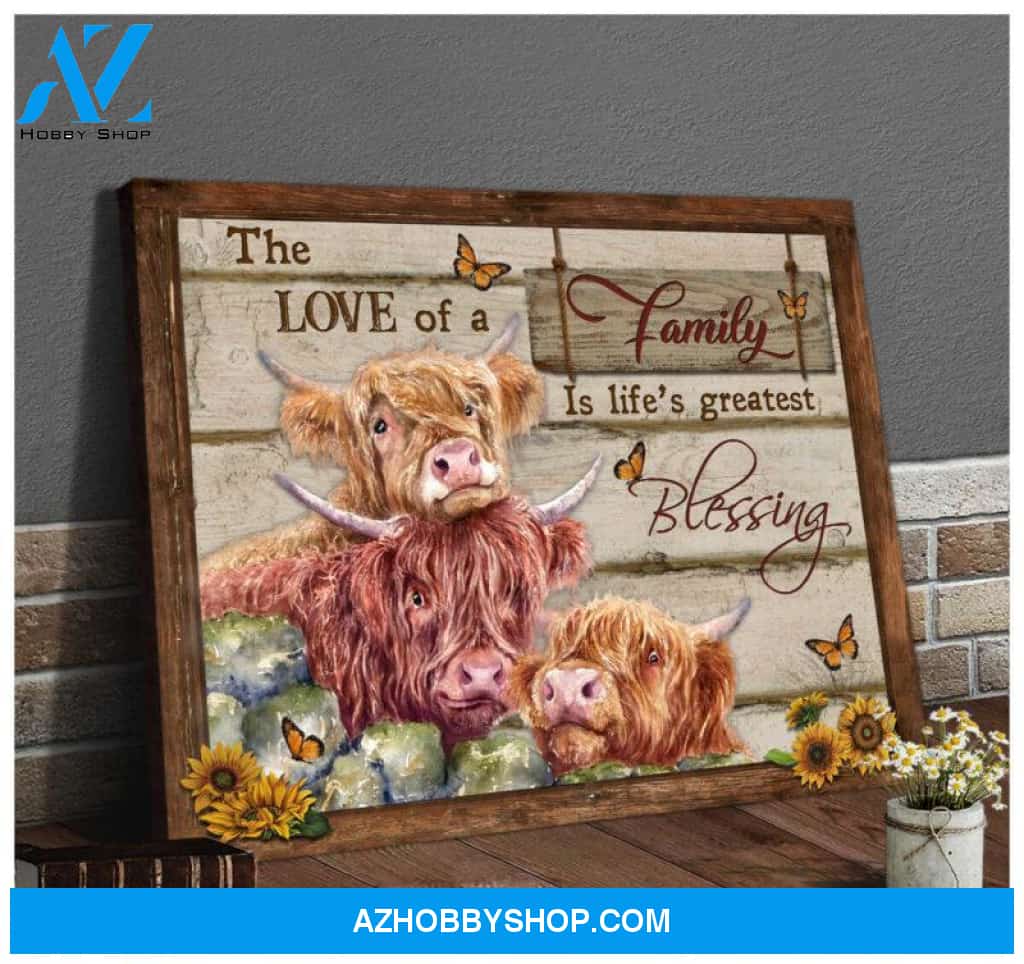 Highland Cows Premium Canvas Wall Art, Wall Decor Visual Art - The Love of Family Is Life's greatest Blessing Premium Canvas