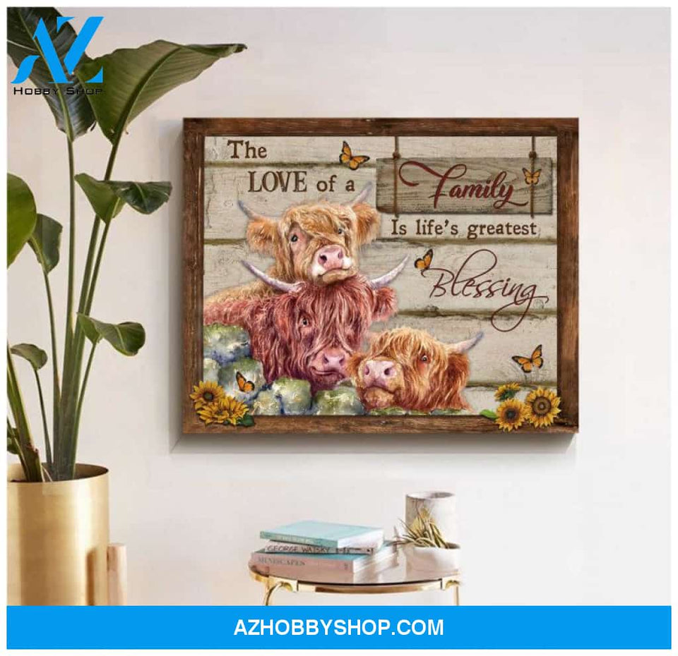 Highland Cows Premium Canvas Wall Art, Wall Decor Visual Art - The Love of Family Is Life's greatest Blessing Premium Canvas
