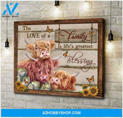 Highland Cows Premium Canvas Wall Art, Wall Decor Visual Art - The Love of Family Is Life's greatest Blessing Premium Canvas