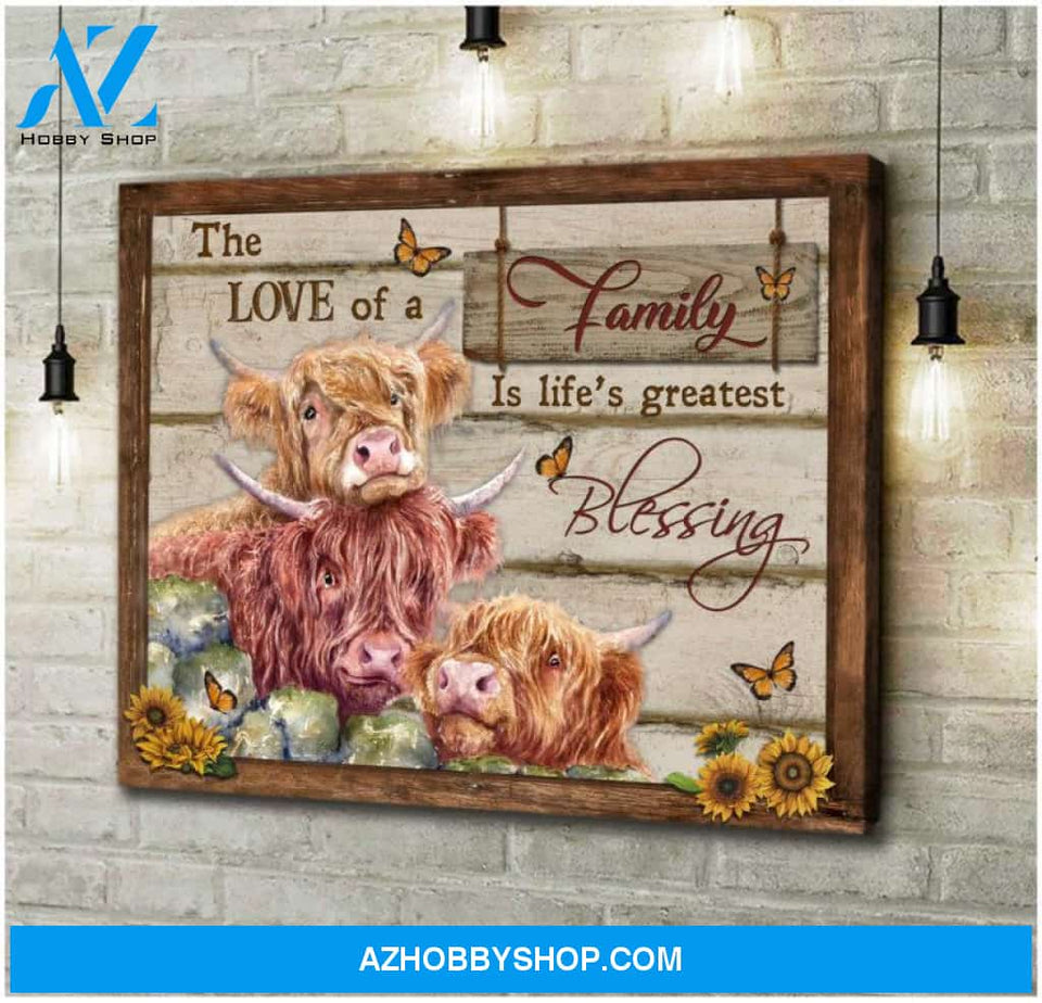 Highland Cows Premium Canvas Wall Art, Wall Decor Visual Art - The Love of Family Is Life's greatest Blessing Premium Canvas