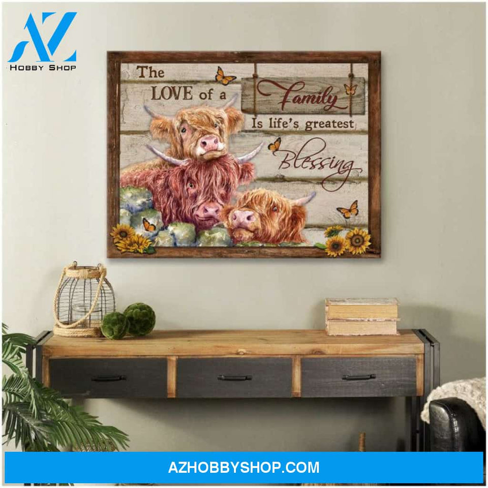 Highland Cows Premium Canvas Wall Art, Wall Decor Visual Art - The Love of Family Is Life's greatest Blessing Premium Canvas