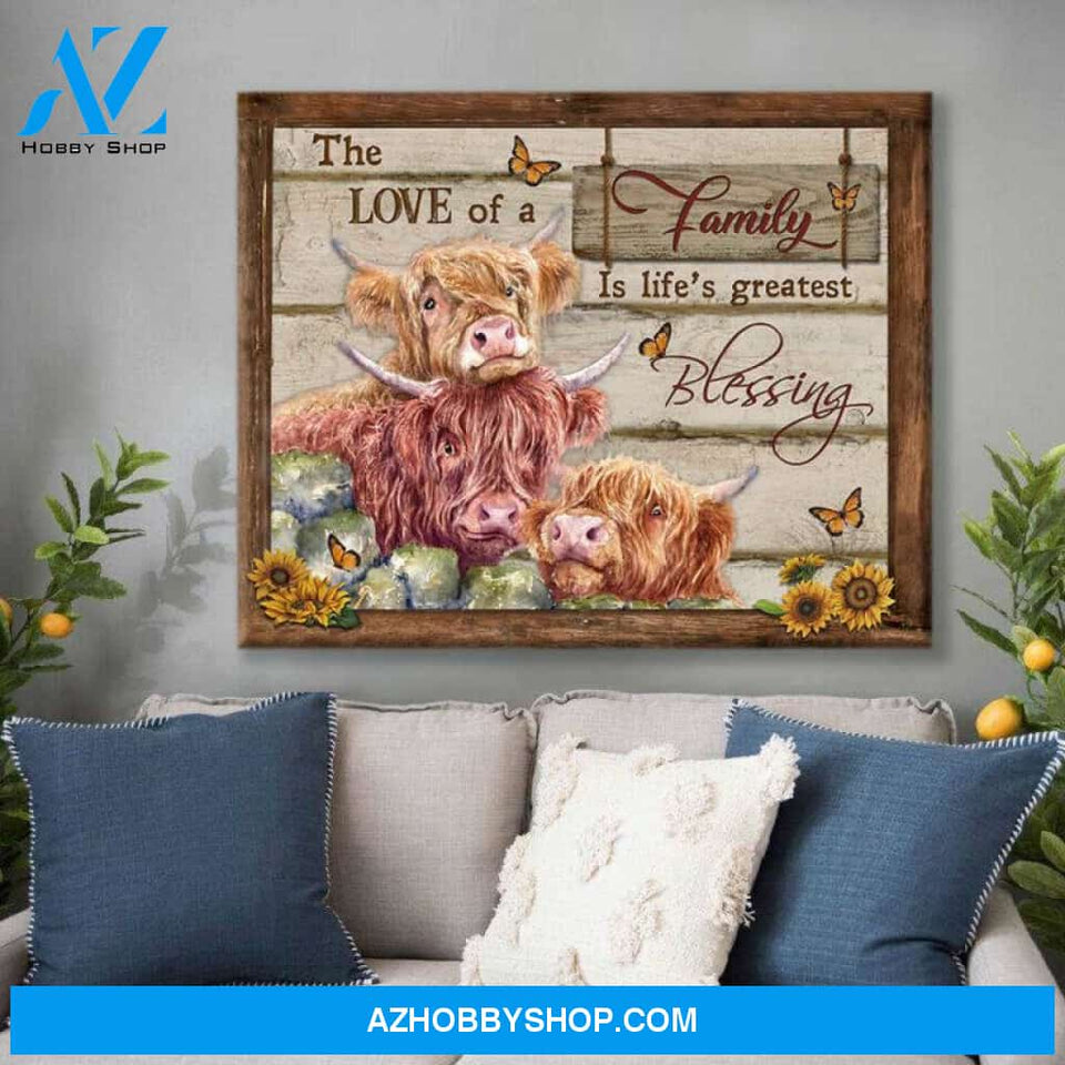 Highland Cows Premium Canvas Wall Art, Wall Decor Visual Art - The Love of Family Is Life's greatest Blessing Premium Canvas