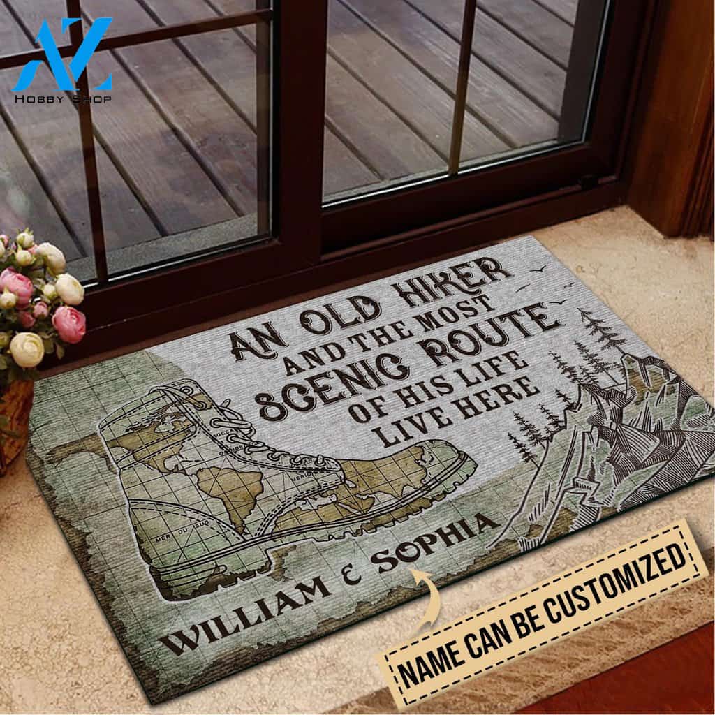 Hiking An Old Hiker Live Here Custom Doormat | Welcome Mat | House Warming Gift