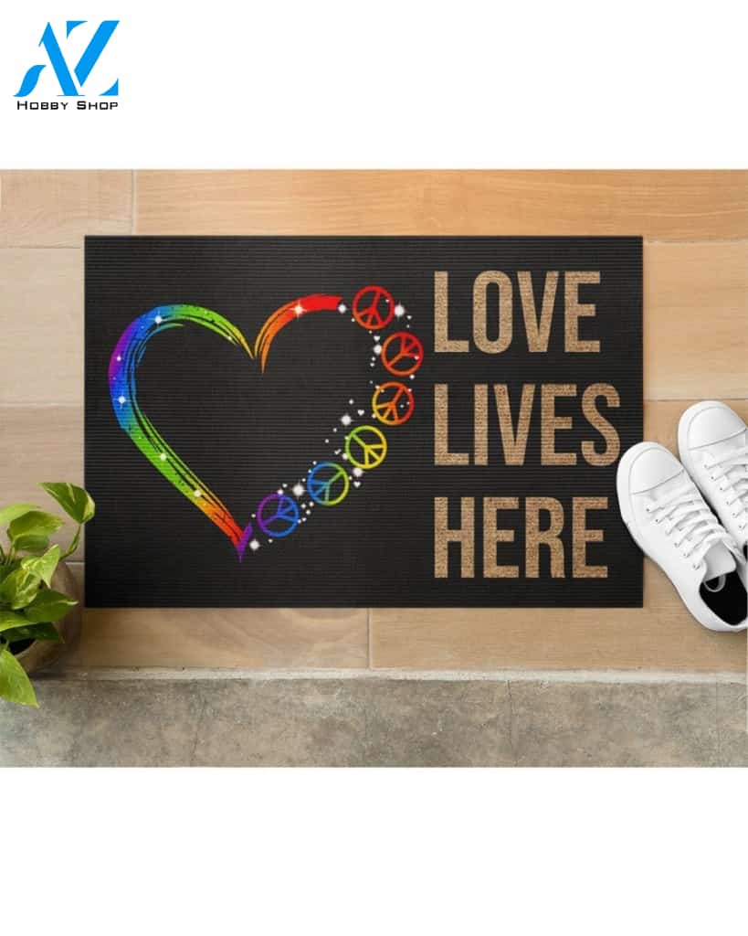 Hippie Peace Love Lives Here Indoor And Outdoor Doormat Warm House Gift Welcome Mat Gift For Friend Family