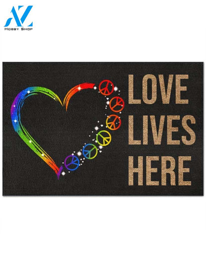 Hippie Peace Love Lives Here Indoor And Outdoor Doormat Warm House Gift Welcome Mat Gift For Friend Family