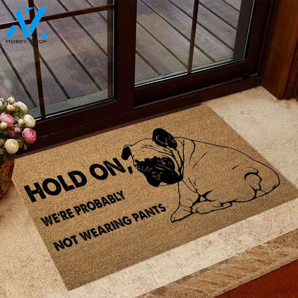 Hold On We’re Probably Not Wearing Pants – Bulldog Easy Clean Welcome DoorMat | Felt And Rubber | 40x60 cm | 45x75 cm | 60x90 cm | Colorful | DO1089